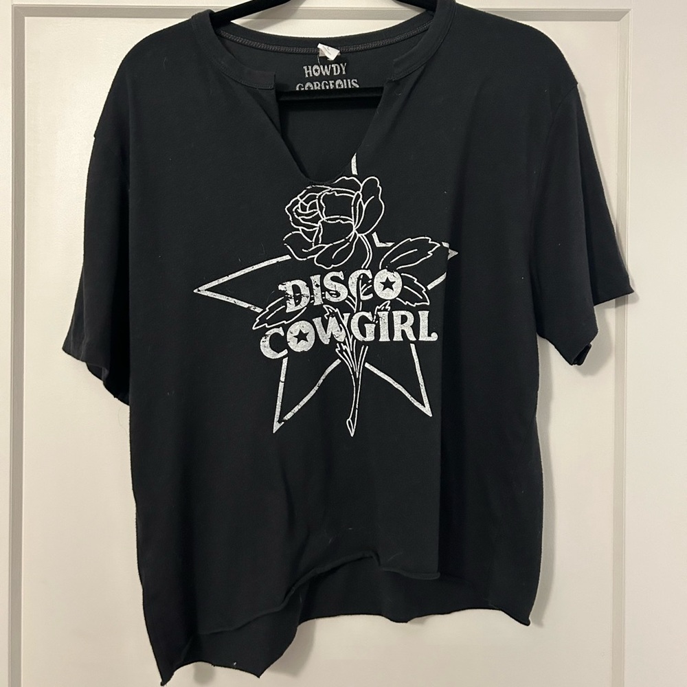 DISCO COWGIRL *Local Nashville Brand* Black Jersey Tee Shirt Distressed/Cropped